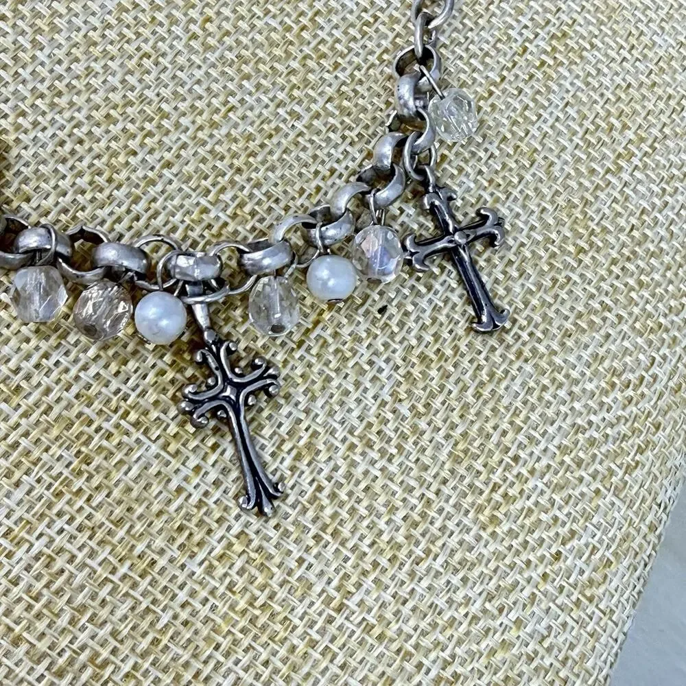 Vintage 925 Religious 5 Cross Charm Bracelet Sterling Silver Christian